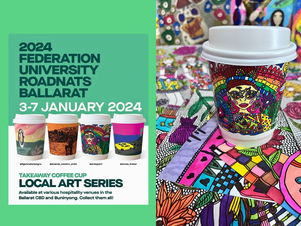 Promotional material for the 2024 Federation University ROADNATS Ballarat along with the coffee cup art Antayjo Art designed