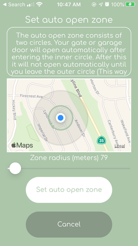 Remootio app set auto open zone geofence