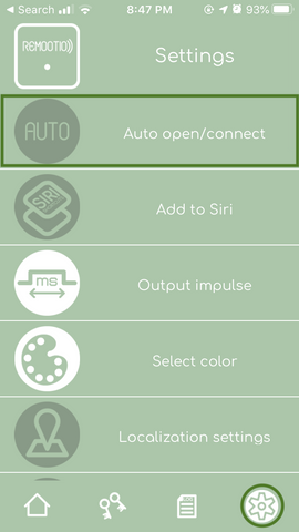 Remootio app settings menu auto open option