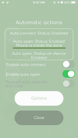 Remootio app auto open menu phone inside or outside the auto open zone geofence