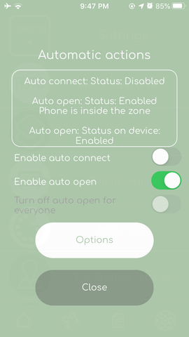 Remootio auto open menu phone inside the zone options auto open history