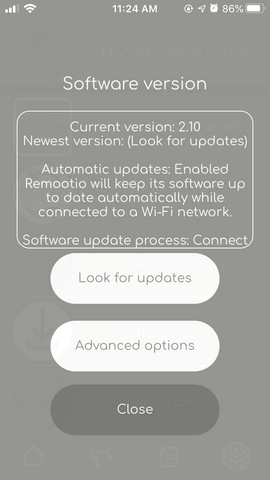 Remootio app software update screen
