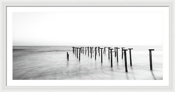 Black and White Metal Remains of Old Pier, Panoramic - Framed Print from Wallasso - The Wall Art Superstore