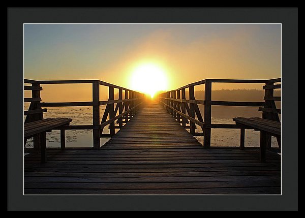 Boardwalk With Benches Leading Into Sunset - Framed Print from Wallasso - The Wall Art Superstore