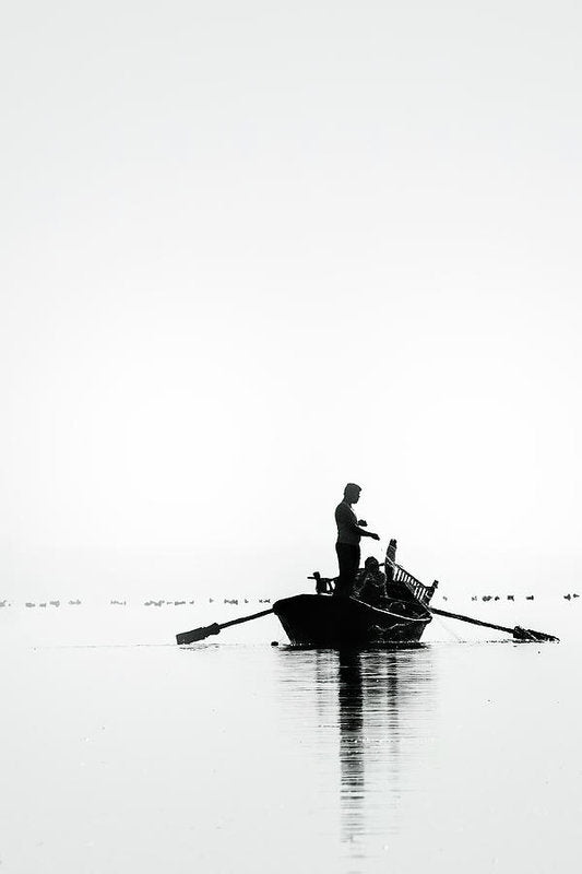 Fisherman In Row Boat, Black and White - Art Print – Wallasso - The ...
