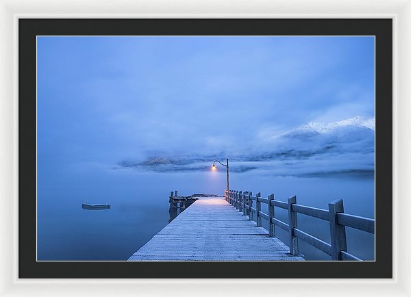 Foggy Mountain Lake With Blue Boardwalk and Single Lamp Post - Framed Print from Wallasso - The Wall Art Superstore
