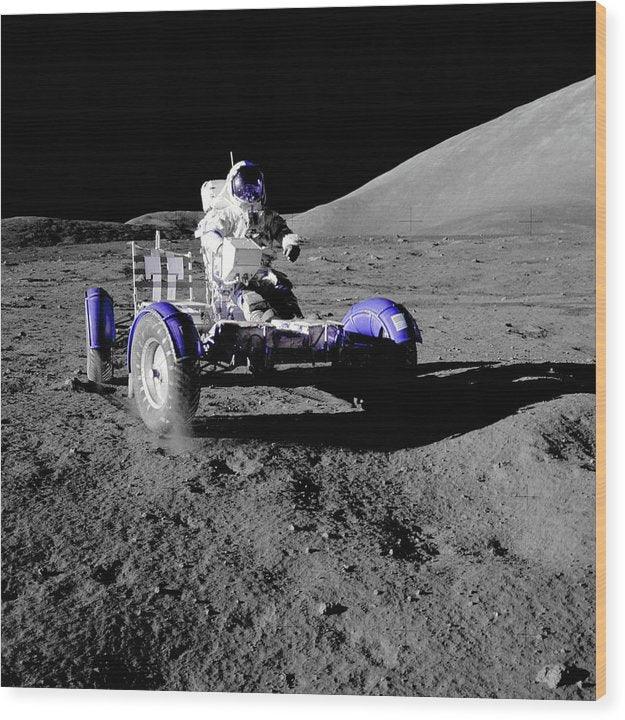 Purple Pop Art Astronaut In Lunar Roving Vehicle - Wood Print from Wallasso - The Wall Art Superstore