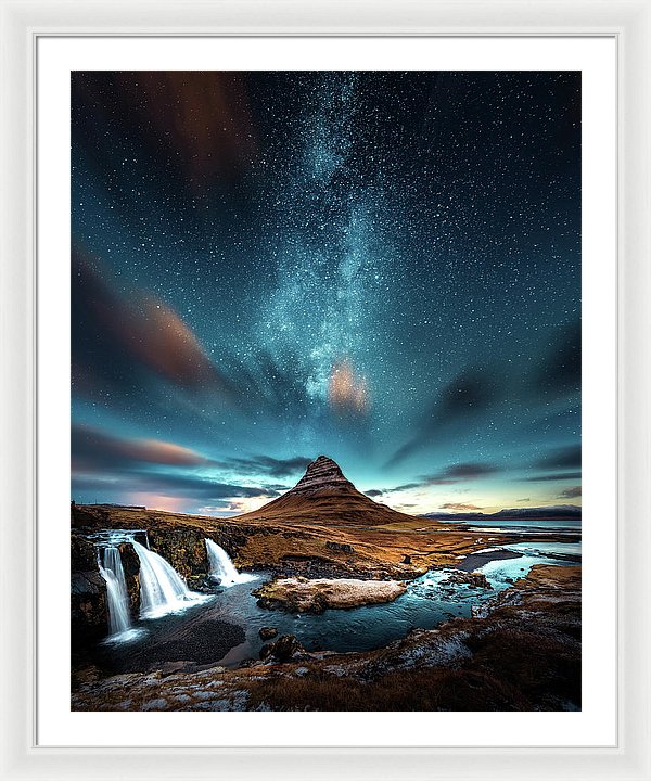Starry Night Sky Over Mountain and Waterfall - Framed Print from Wallasso - The Wall Art Superstore