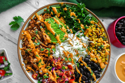 JACKFRUIT CARNITAS BURRITO BOWL WITH CREAMY CHIPOTLE SAUCE