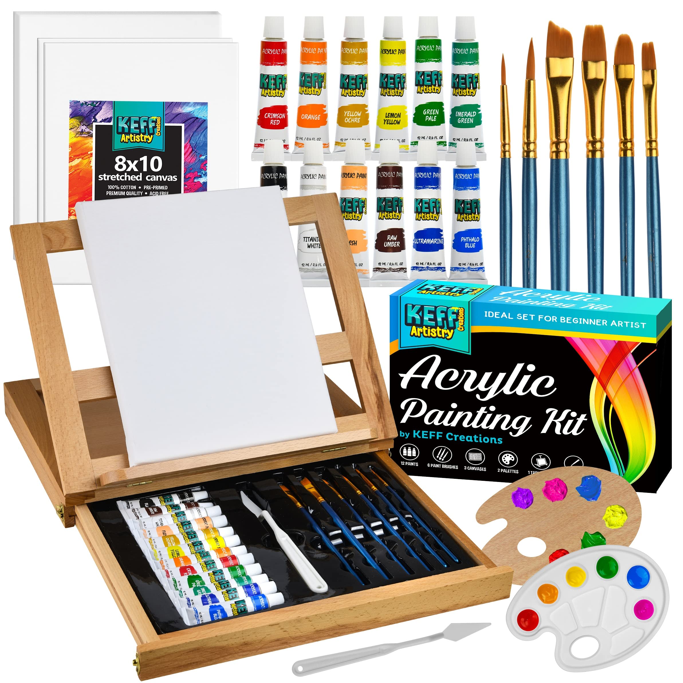 KEFF Acrylic Painting Kit - Acrylic Paint Set for Adults and Kids with Tabletop Art Easel, Painting Kit Supplies, Canvas Panels, Stretched Canvas, Brushes and Palette - Kits for Artists and Beginners