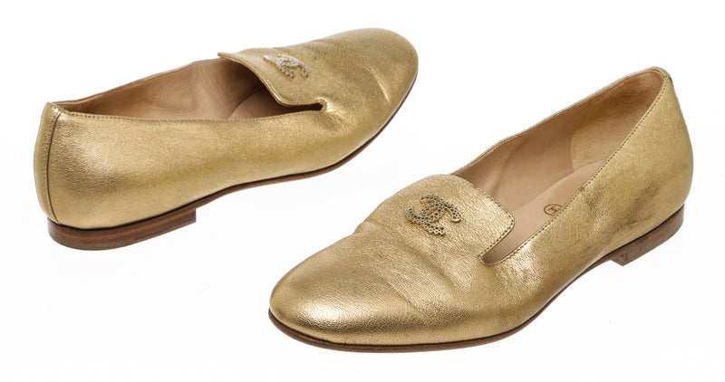 Chanel Gold Leather CC Logo Loafers 