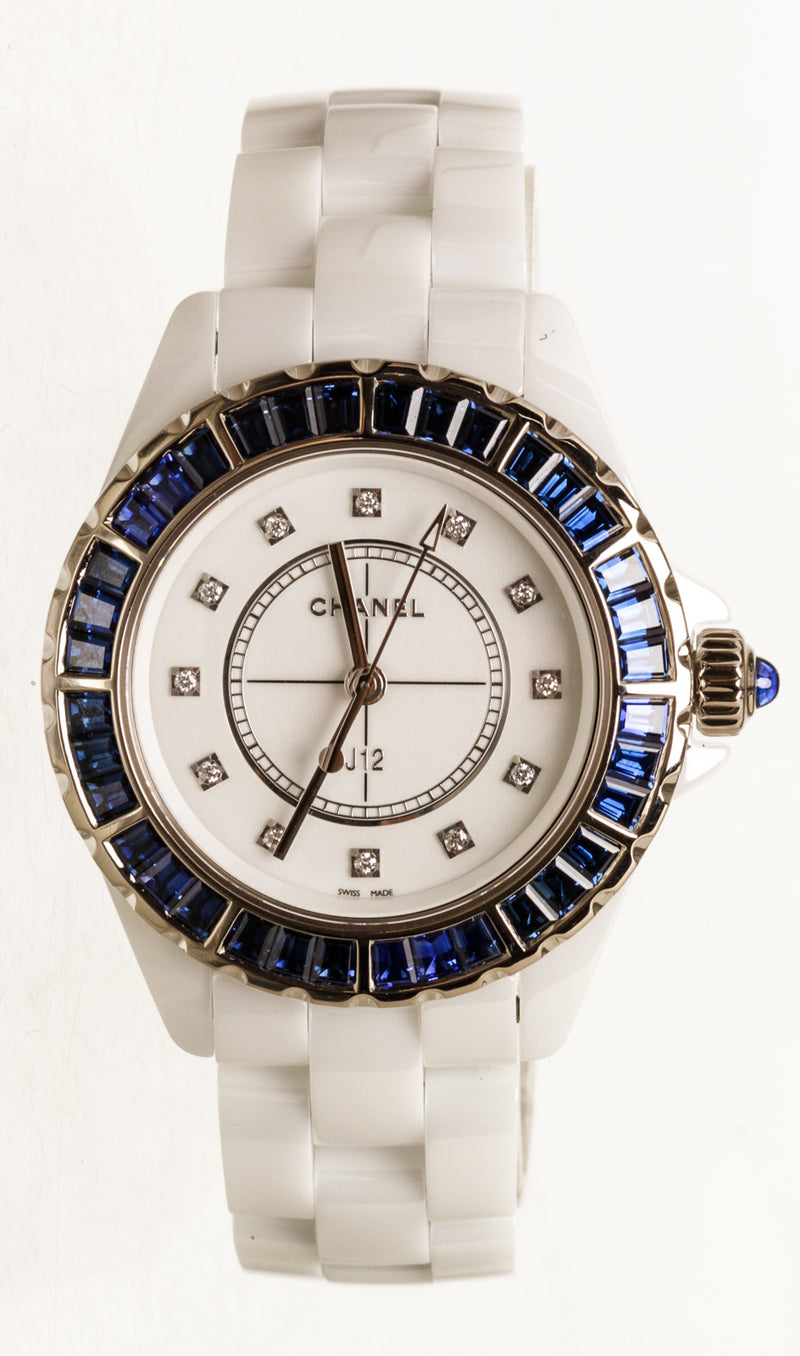 Chanel White Ceramic Blue Sapphire Bezel J12 33mm Watch – On Que Style