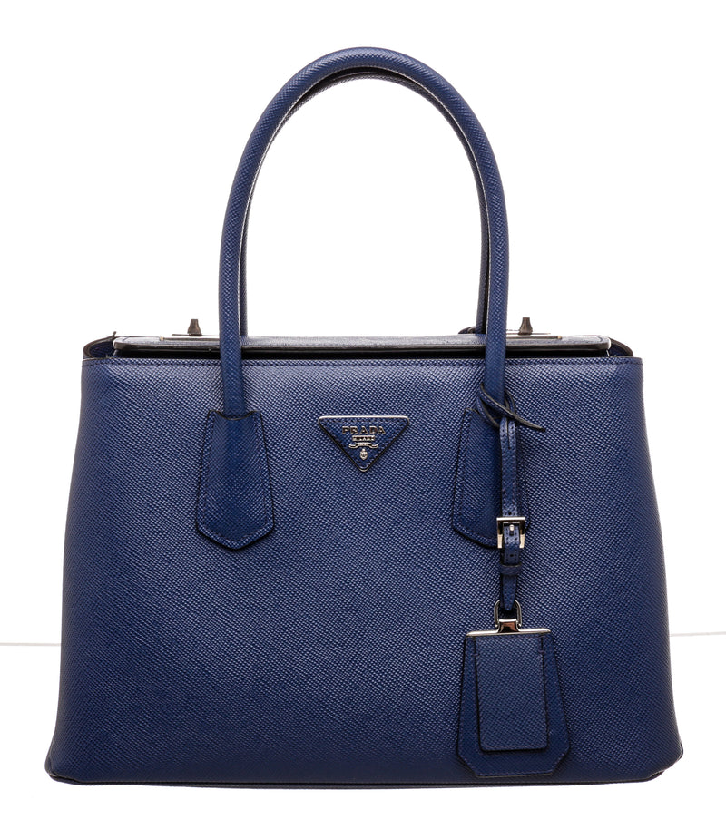 Prada Navy Blue Saffiano Lux Leather Twin Tote – On Que Style