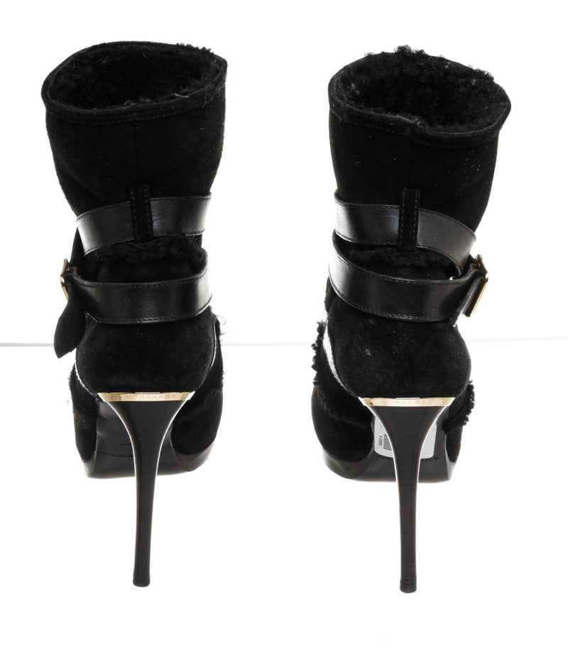 Burberry Black Fur Lined Suede Buckle Heel Boots Size  – On Que Style