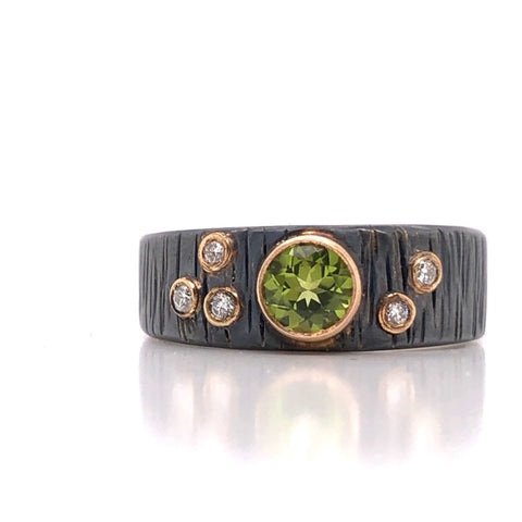 arizona peridot diamond bezel oxidized silver yellow gold fashion ring handmade austin texas atx local