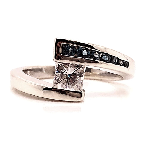white gold bypass faux fake tension set square moissanite with channel set london blue topaz accents engagement ring