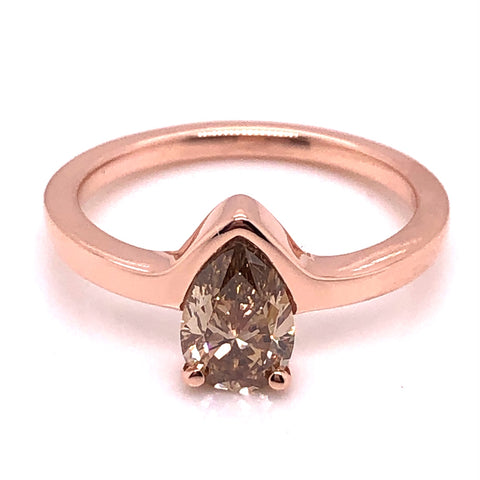rose gold partial bezel and prong set champagne pear shape diamond custom engagement ring