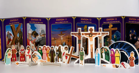 Stations of the Cross panels and wooden toy figures