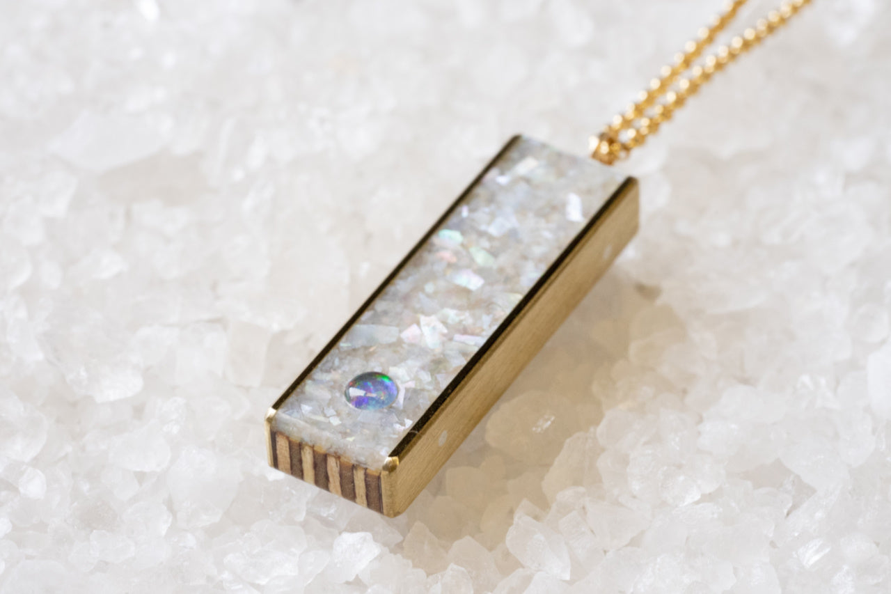 Crushed White Mother of Pearl and Opal Necklace with Brass Sides