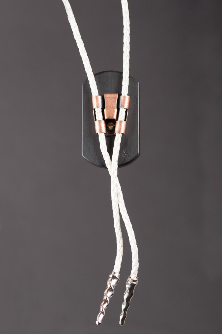 Back View of a Crushed White Mother of Pearl and Ebony Wood Bolo Tie