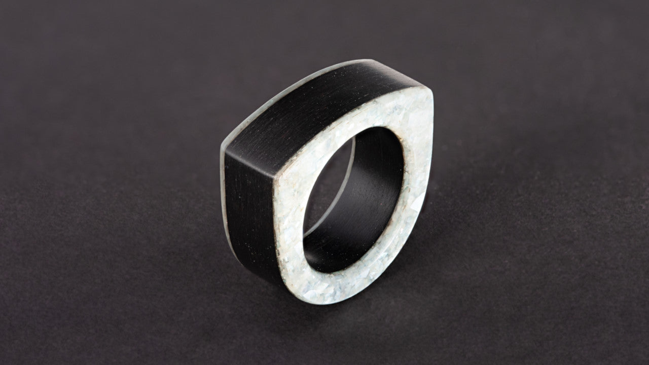 Ebony Wood & Crushed White Mother Of Pearl Ring