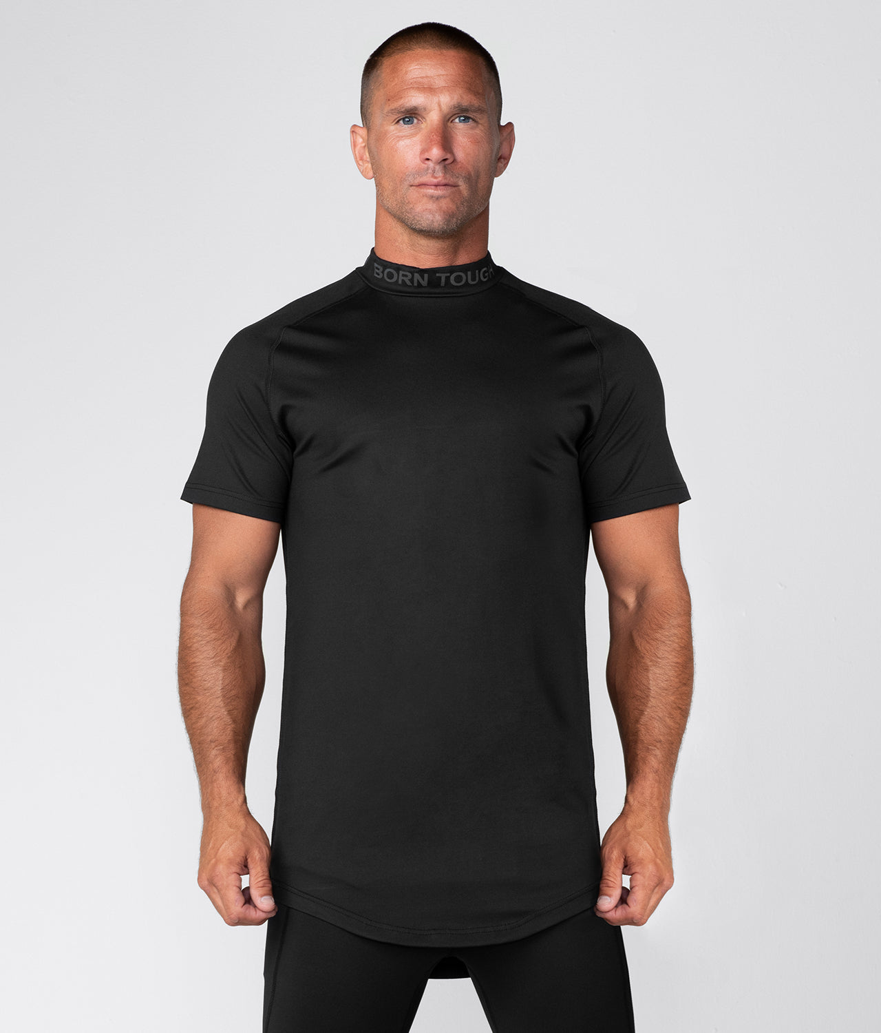 Born Tough Mock Neck Short Sleeve Compression Black Gym Workout Shirt