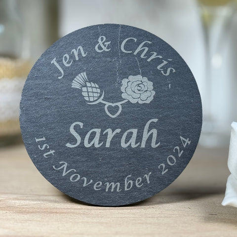 Personalised wedding coaster and place setting - slate round