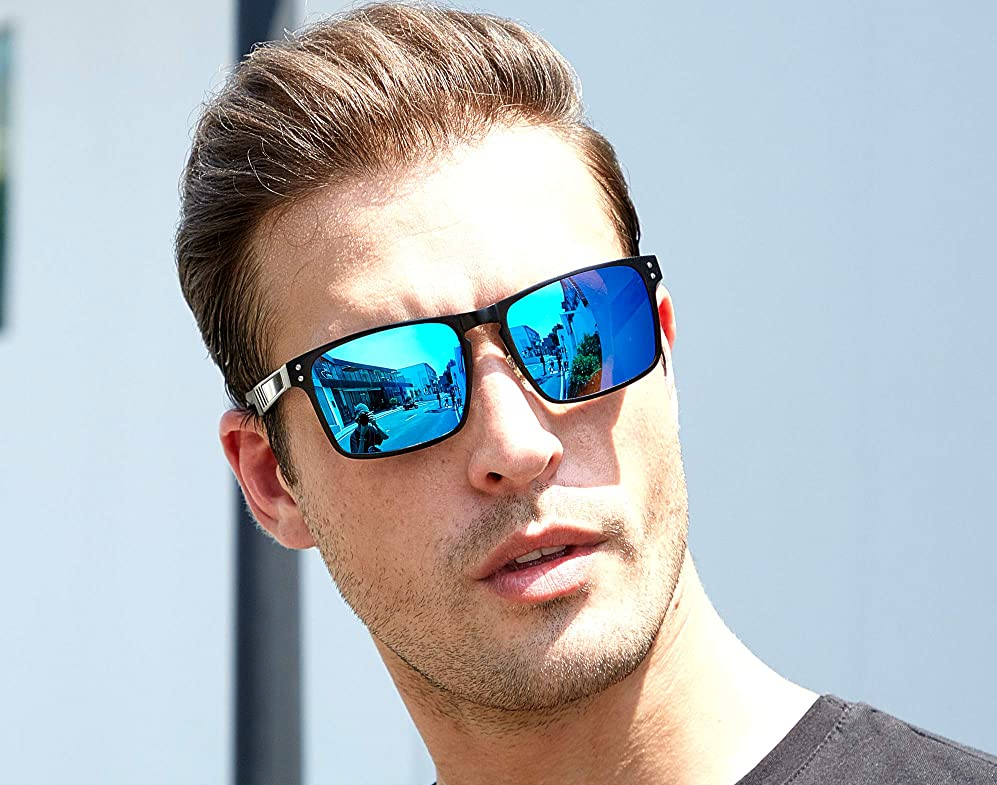 blue mirrored wayfarer sunglasses