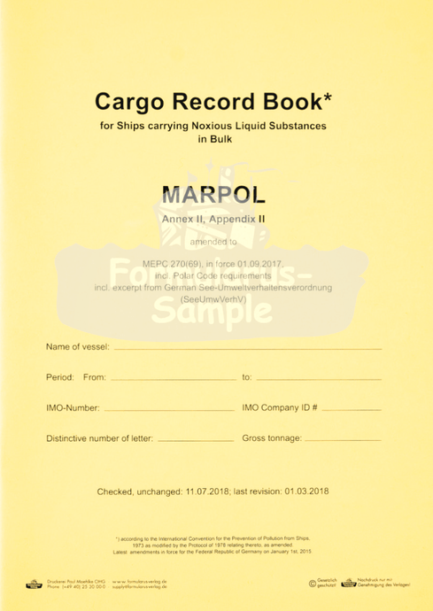 Cargo Record Book for Ships carrying Noxious Liquid Substances in Bulk