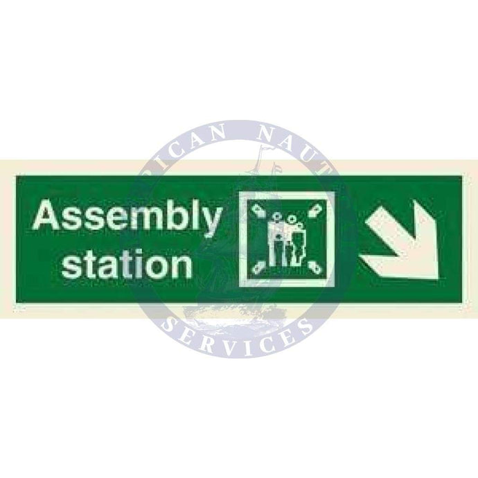 Marine Direction Sign: Assembly station + Symbol + Arrow diagonally down right