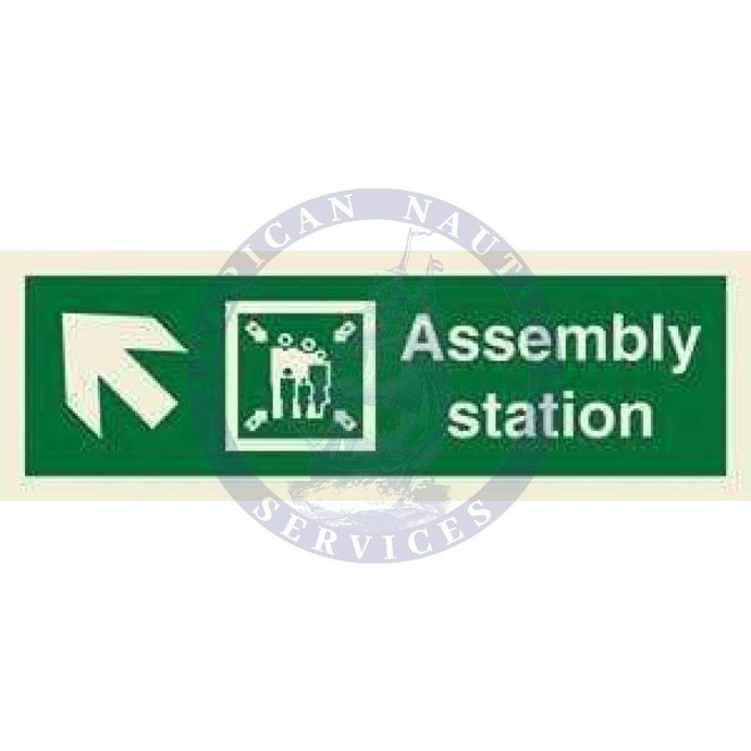 Marine Direction Sign: Assembly station + Symbol + Arrow diagonally up left