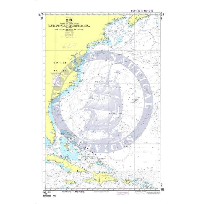 NGA Nautical Chart 108: Southeast Coast of North America including the Bahamas and Greater Antilles