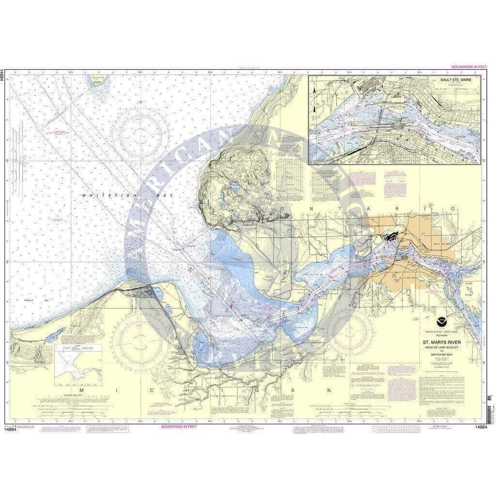 NOAA Nautical Chart 14884 St. Marys River Head of Lake Nicolet to W