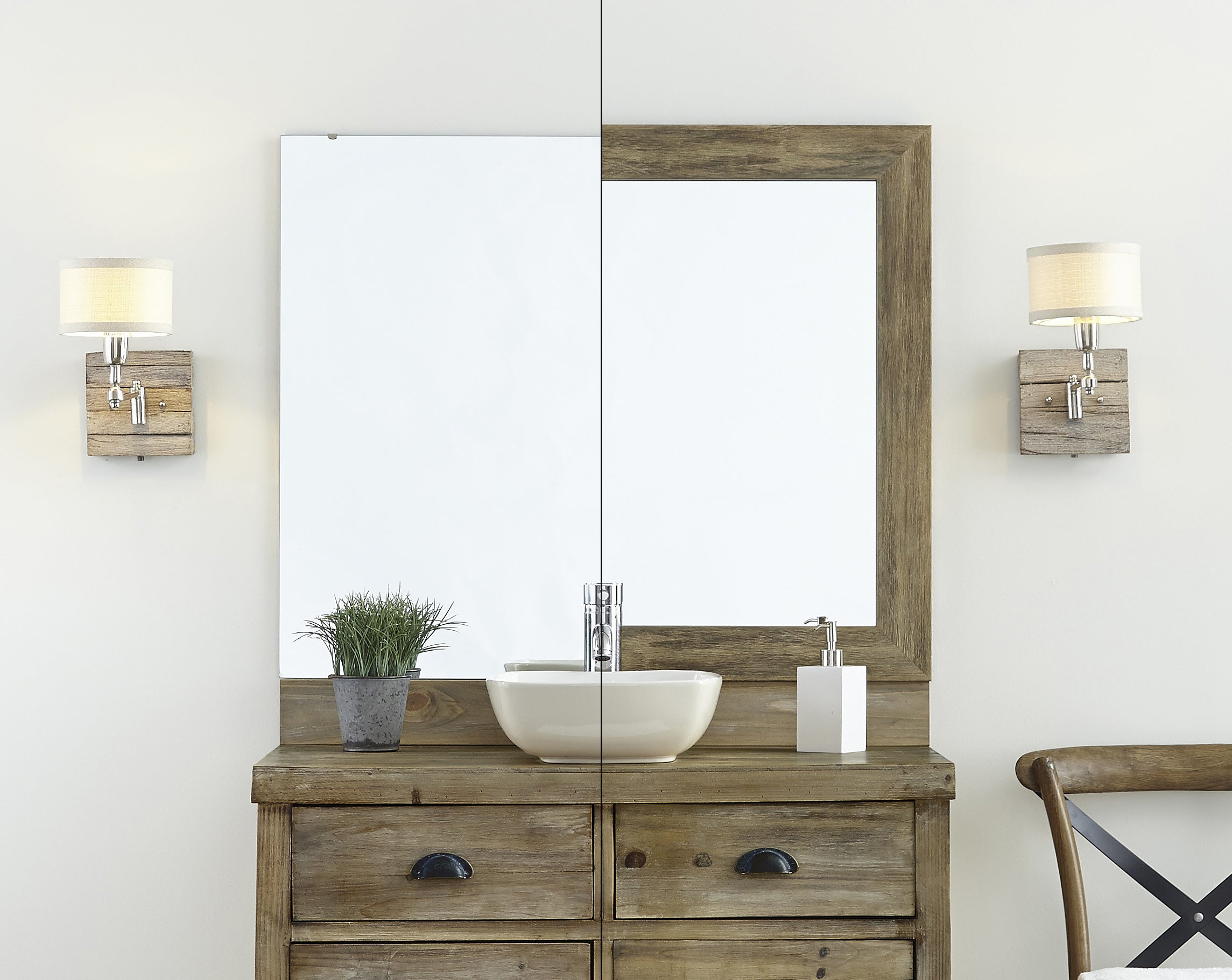 Barnwood Mirror Frame on Bathroom Vanity Before & After