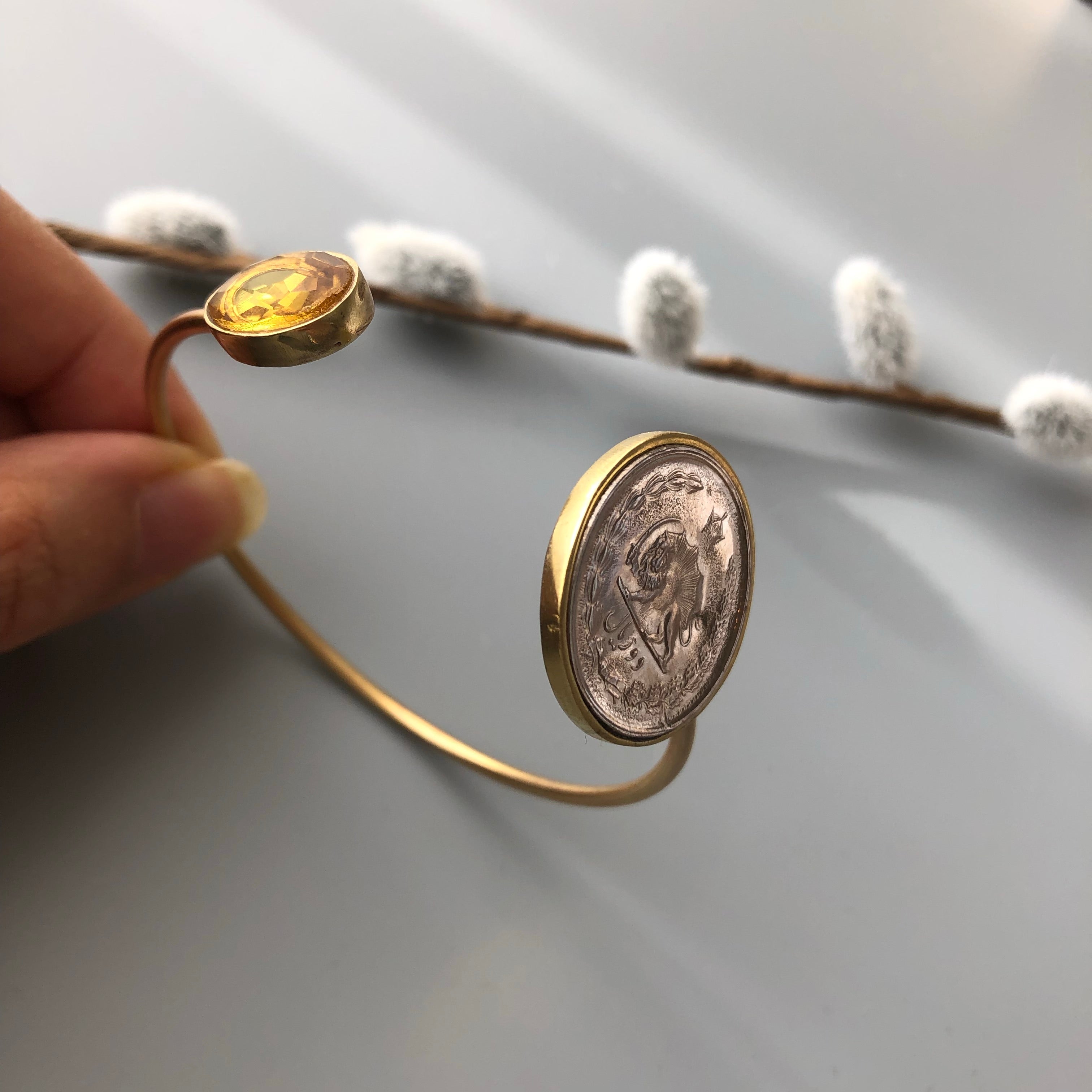 Persian Brass Bracelet with Coin Charm and Pearl