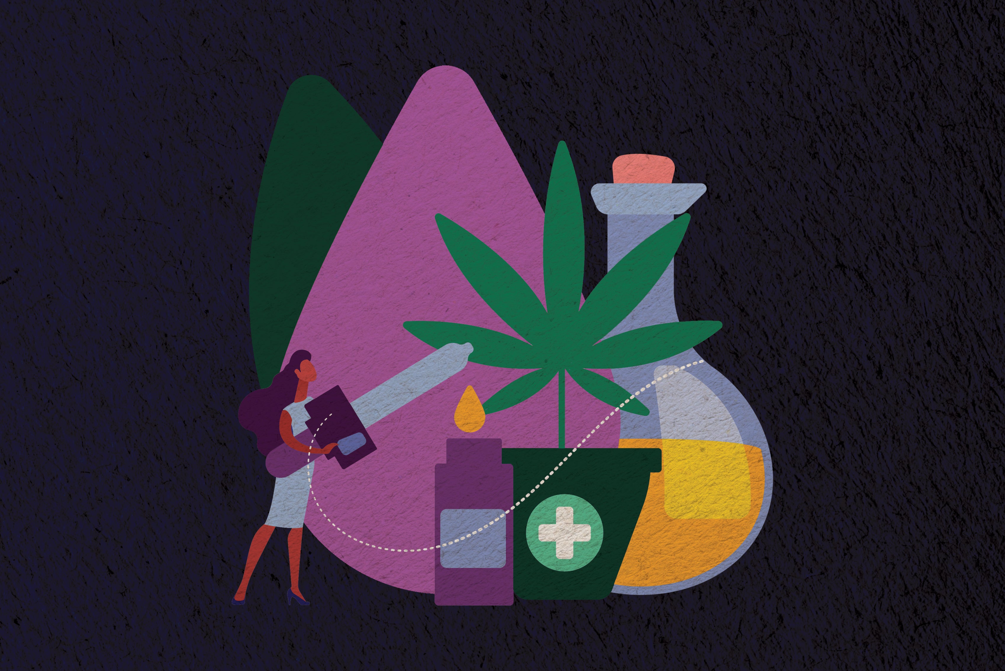 Illustration of woman with dropper of CBD oil
