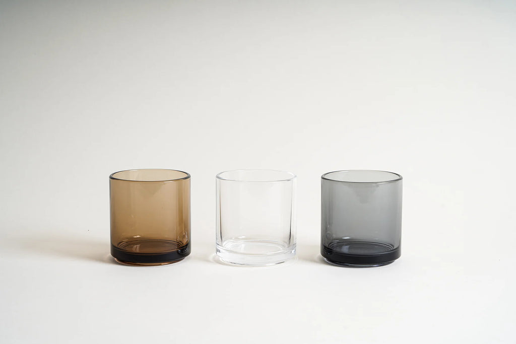 A collaboration with Toyo Sasaki Glass, Hasami Porcelain Glass Tumbler in Amber, Clear, and Gray