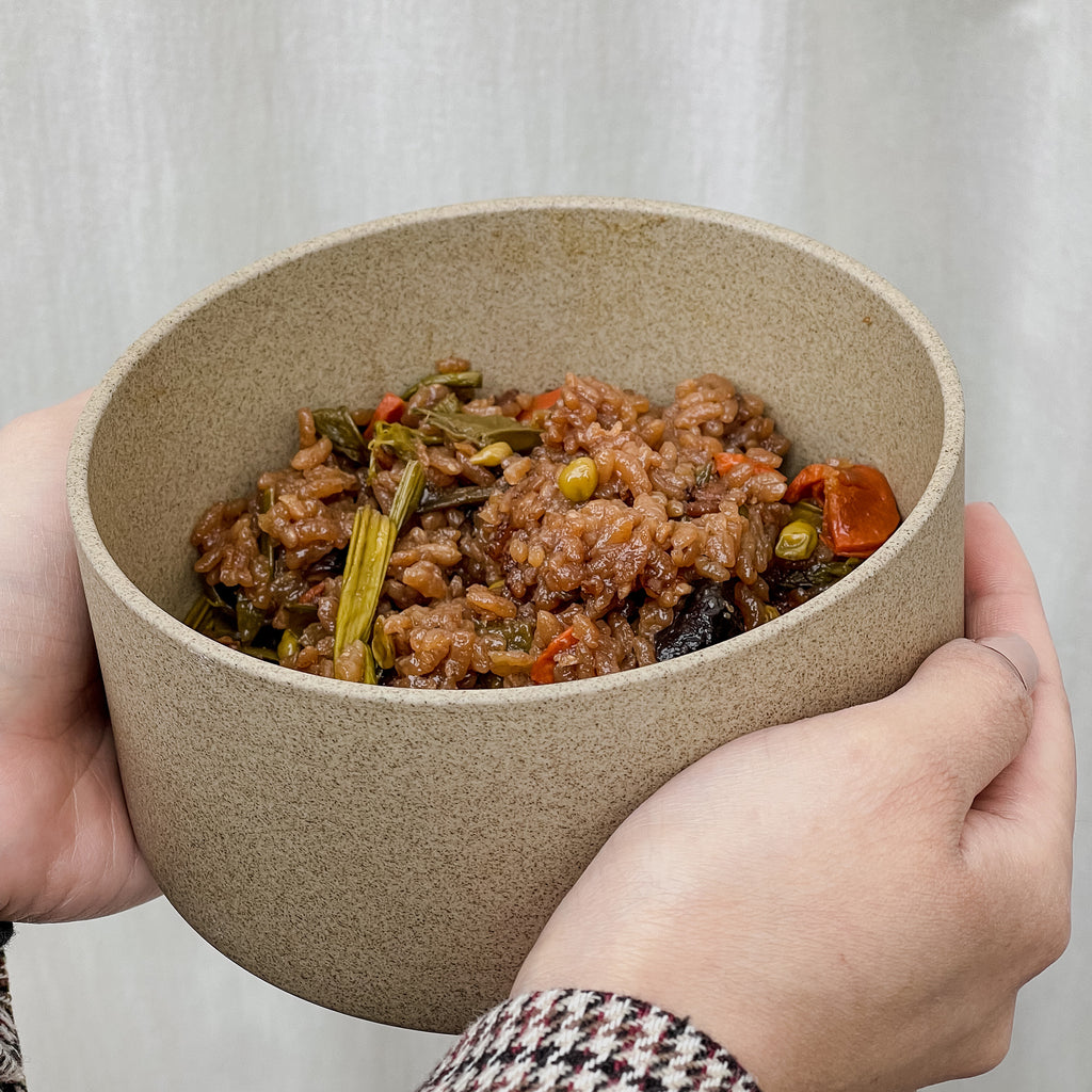Spring vegetable donabe rice in 5.7 Hasami Porcelain Bowl