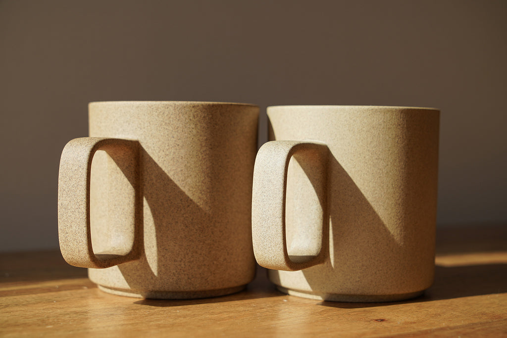 Hasami Mugs in Natural before and after use coparison.