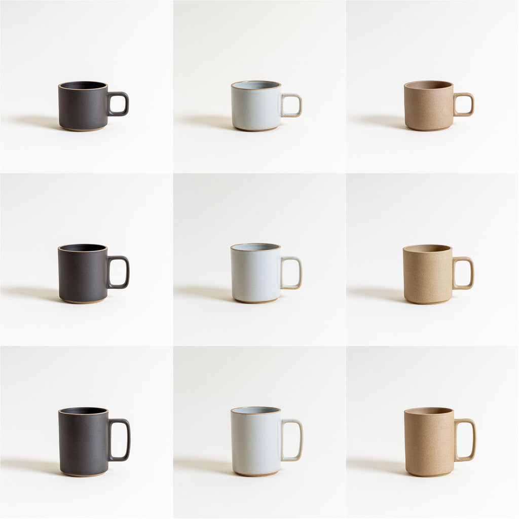 Hasami Porcelain Mugs in different sizes and colors.