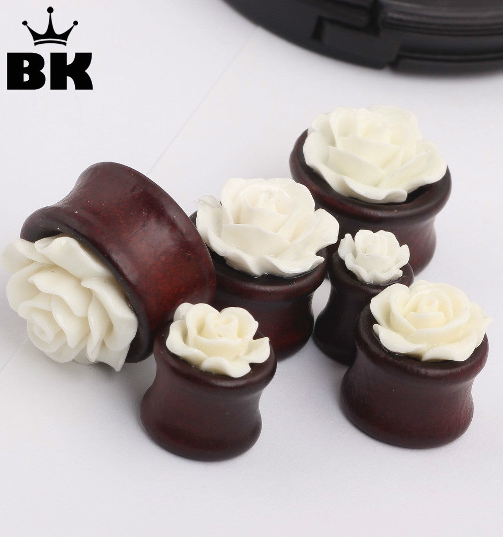 Wood Saddle White Color Rose Flower Ear Gauge-Sunshine’s Boutique & Gifts