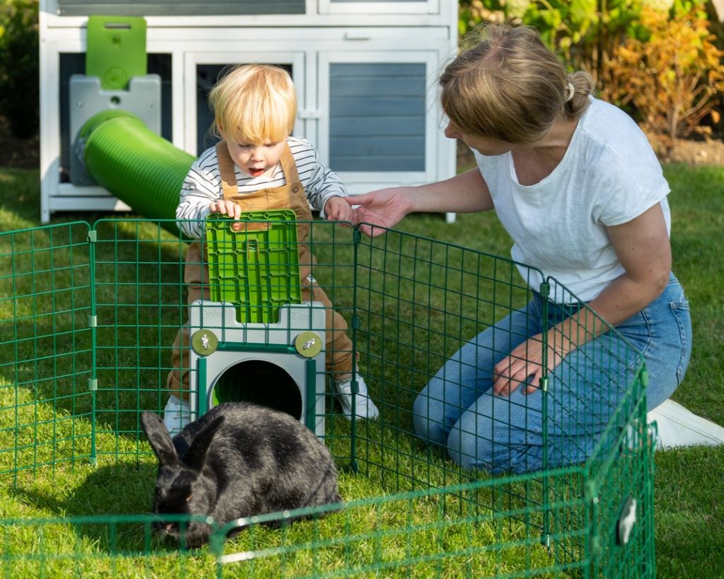Mother and son playing with pet rabbit