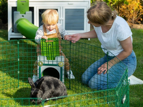 family playing with rabbit in the Omlet Zippi playpen