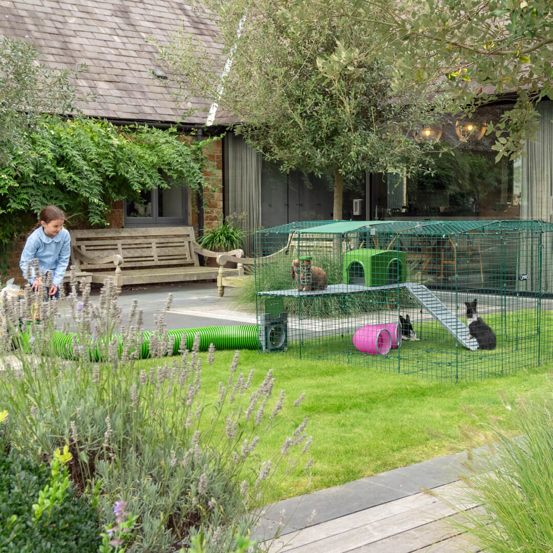 Zippi tunnel system connecting a rabbit hutch to a nearby playpen or run