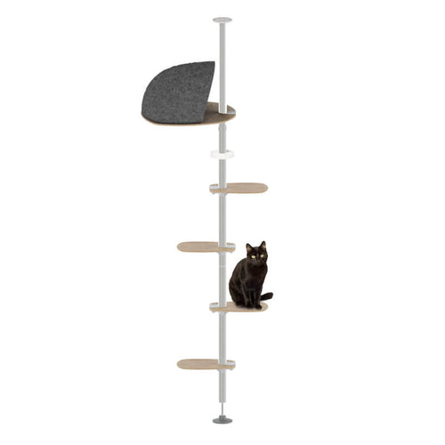 This ladder kit has four steps leading up to a cosy, warm cushioned platform den and treat dish for cats who like to be high up away from the noise