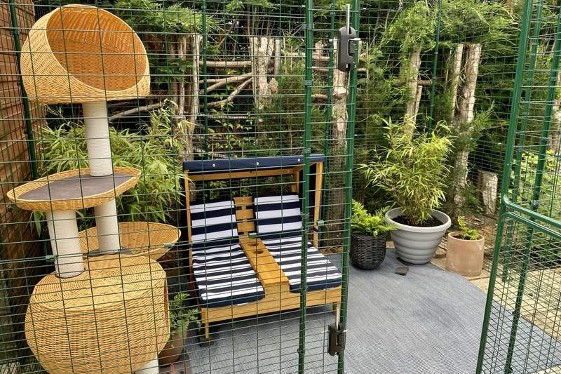 This spacious Size C Catio (3m x 3m) blends in beautifully on this deck with leisure time for both cats and humans.