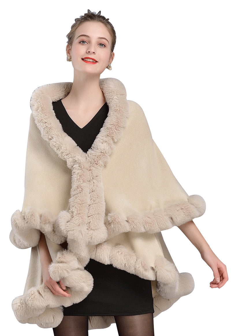 Faux Fur Shawl Women Fine Knit Open Front Faux Fur Trim Layers Poncho –  BEAUTELICATE
