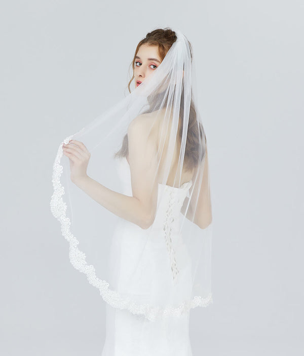 Ivory/White, Tulle, One-tier Fingertip Length Bridal Veil 42 — NK Bride