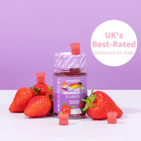 Image of the Kids Magnesium tub surrounded by fresh strawberries with a banner that reads 'UKs best-rated gummies for kids'