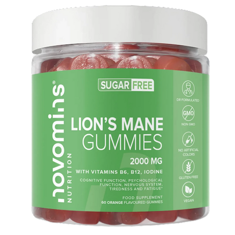A tub of Lion’s Mane Gummies made by Novomins Nutrition